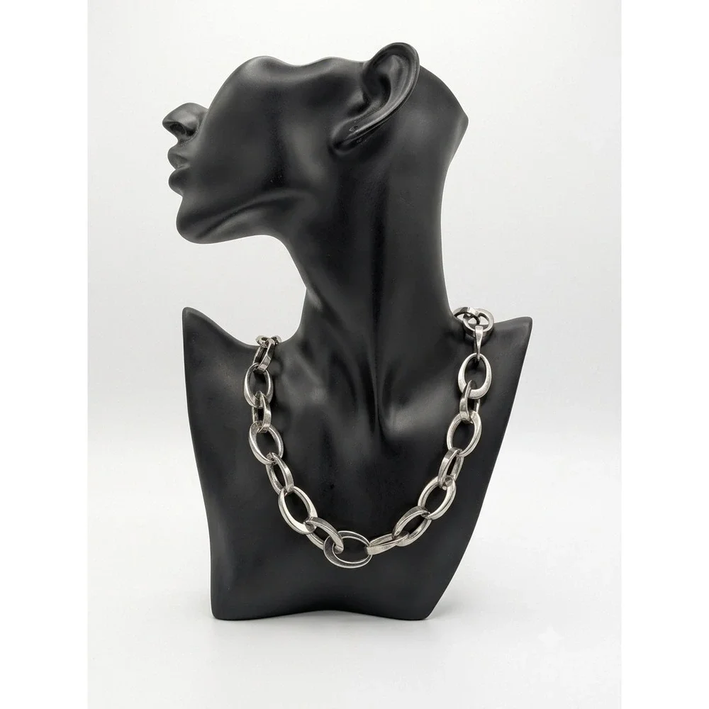 Chunky Silver Tone Oval Link Statement Necklace